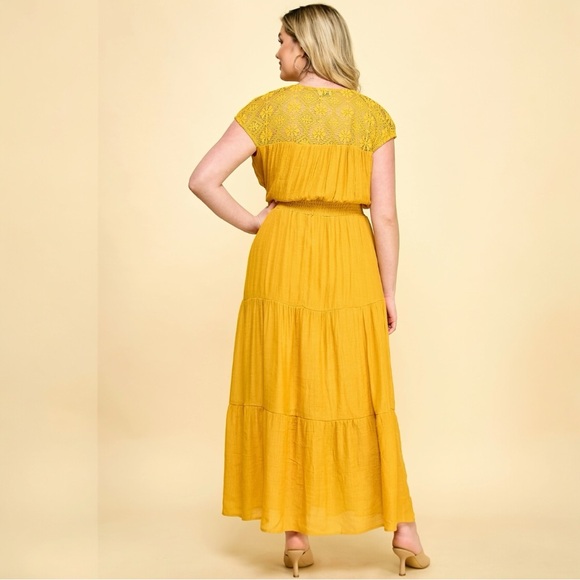 NEW Plus Size Lace Smocked Waist Tier Maxi in Yellow 1X - Picture 4 of 5
